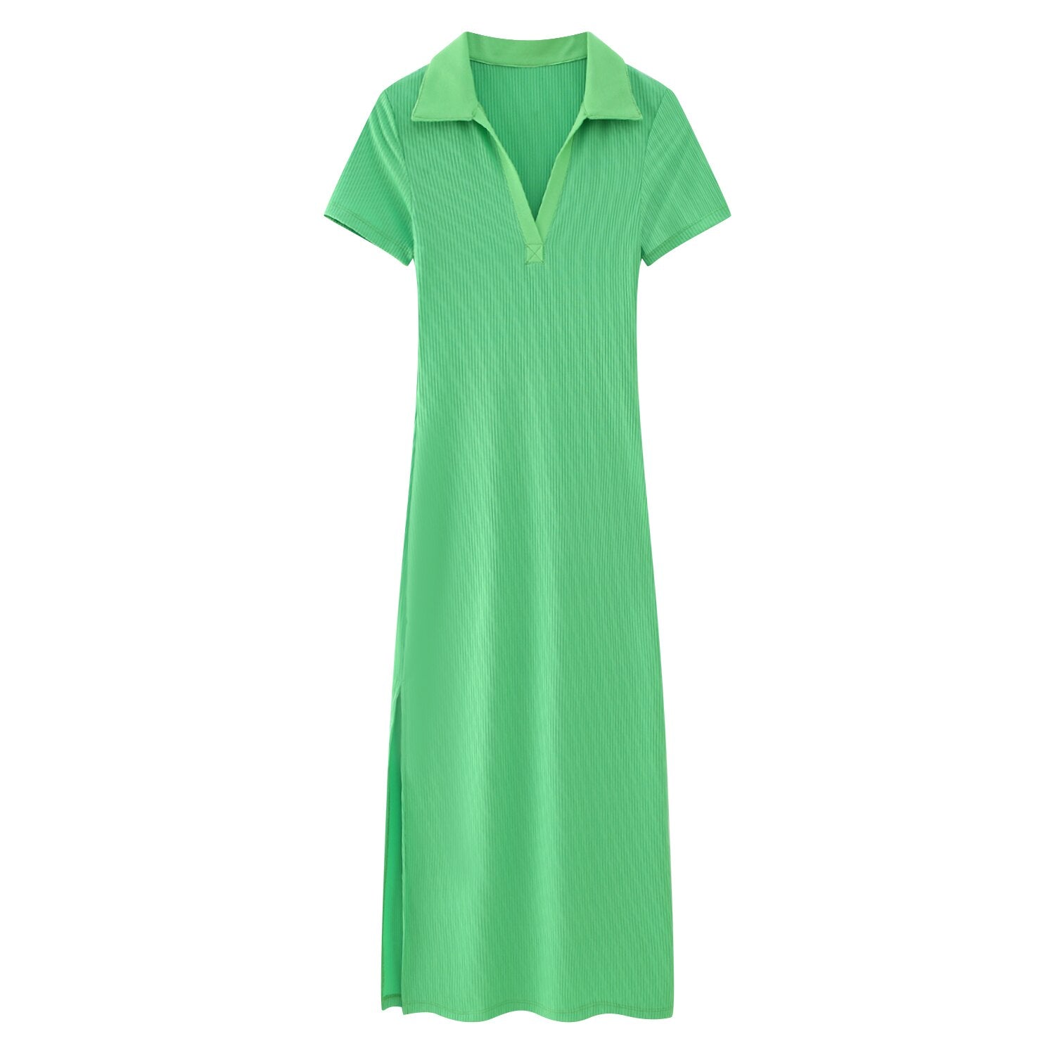 Women Fashion Rib Slim Fit Dress Woman Casual Versatile Polo Neck Short Sleeve Side Split Female Midi Dresses