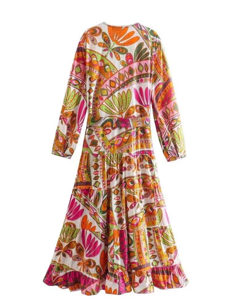 Woman Dress New Fashion Print Elegant Dresses For Women With Belt Vintage Casual Female Party Dresses