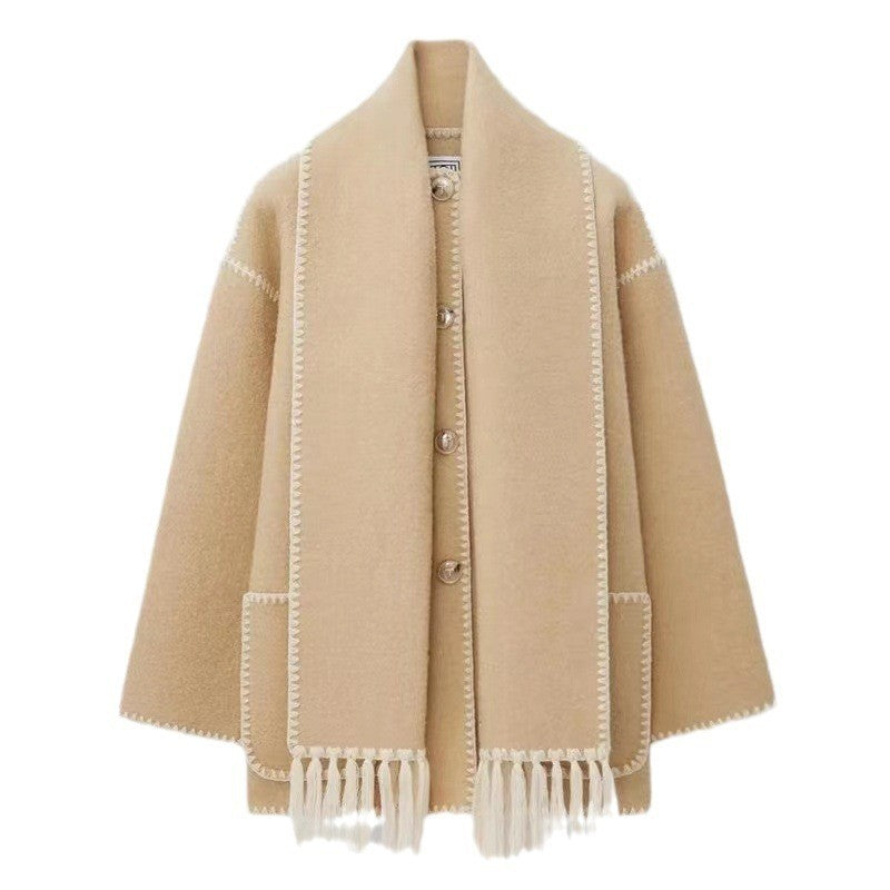 Tassel Scarf Collar Jacket For Woman Autumn Woolen Embroidery Single Breasted Pocket Coats Loose Casual Fashion Lady Office Coat