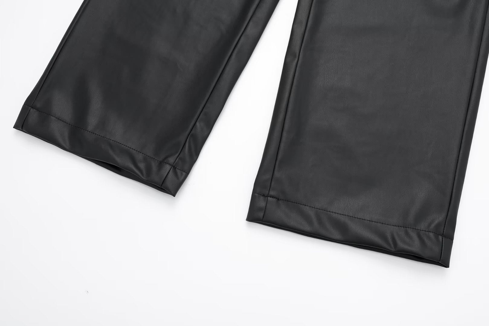 Autumn Fashion Women Elegant Side Pockets Drawstring Casual Joggings Long Pants Woman Black High Waist Faux Leather Pants