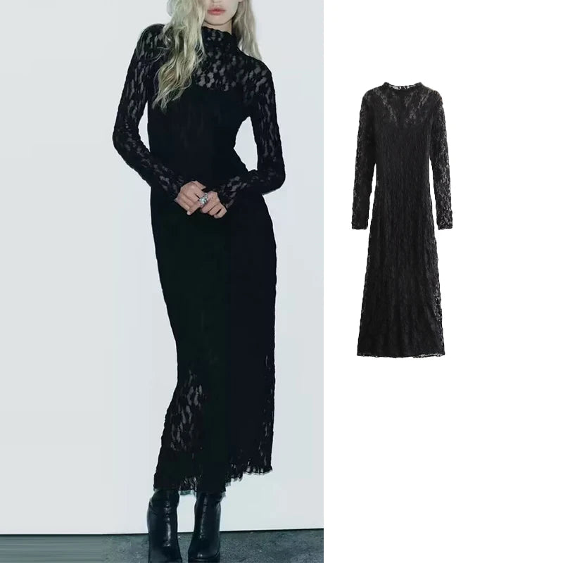 Lace Sexy Body Dress Woman  Autumn Mesh Long Dresses for Women See Through Long Sleeve  Midi Sexy Dresses Party Dress