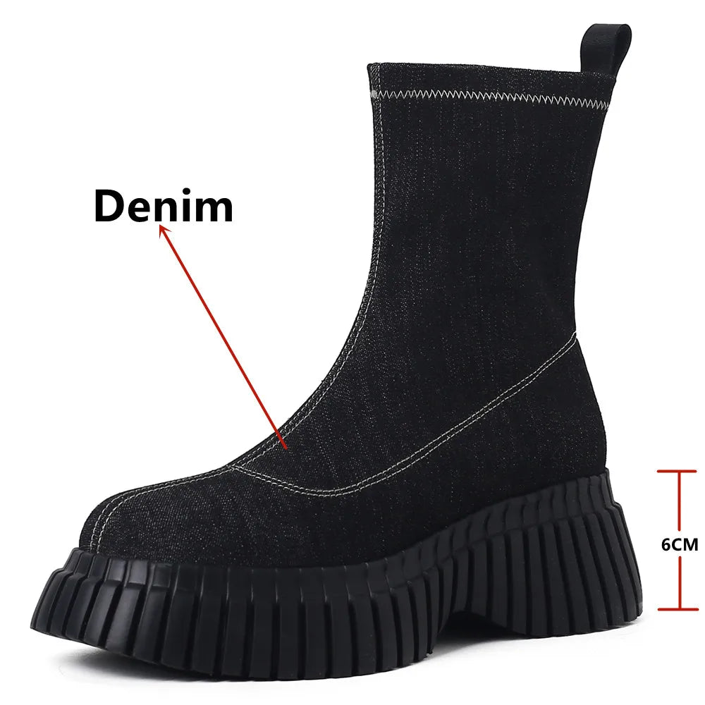 Fashion Platforms Women Stretch Short Boots  Autumn Winter Genuine Leather Casual Ankle Boots Round Toe Shoes Woman