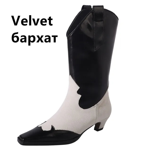 Mixed Colors Women Mid-Calf Boots Splicing Genuine Leather Western Short Boots Autumn Winter Casual Shoes Woman