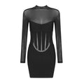 Woman Sexy Beautiful Back See Through Long Sleeve Celebrity Party Club Mesh Splicing Bandage Black Mini Dress Vestido