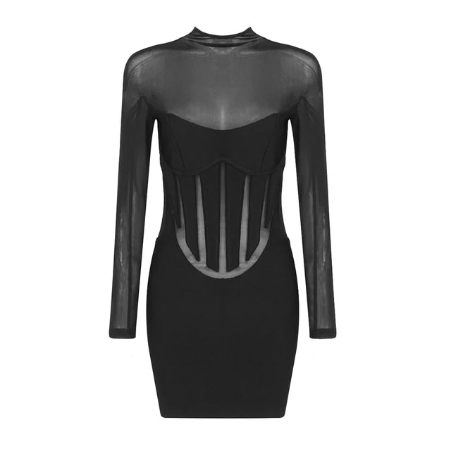 Woman Sexy Beautiful Back See Through Long Sleeve Celebrity Party Club Mesh Splicing Bandage Black Mini Dress Vestido