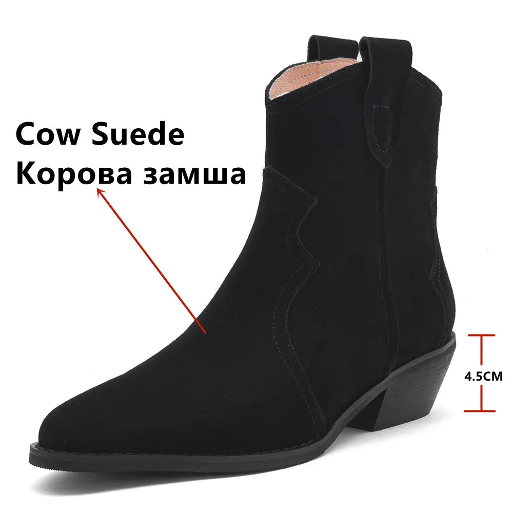 Vintage Thick Heels Women Ankle Boots Cow Suede Leather Retro Style Casual Office Lady Shoes Woman Autumn Winter Basic