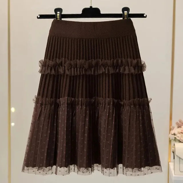 Women Tulle Patchwork Puffy Skirt Korean Style High Waist Knitted Dot Pleated Skirt Woman Spring Simple All-Match Short Skirts