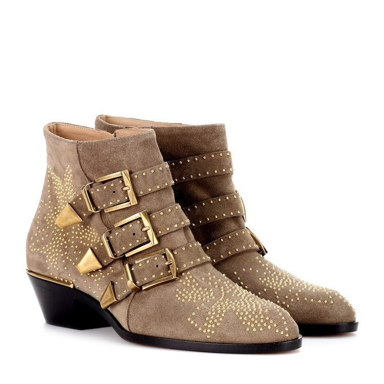 Studded Snake Skin Ankle Boots For Woman Buckle Strap Genuine Leather Chunky Heel Martin Boots Women Luxury