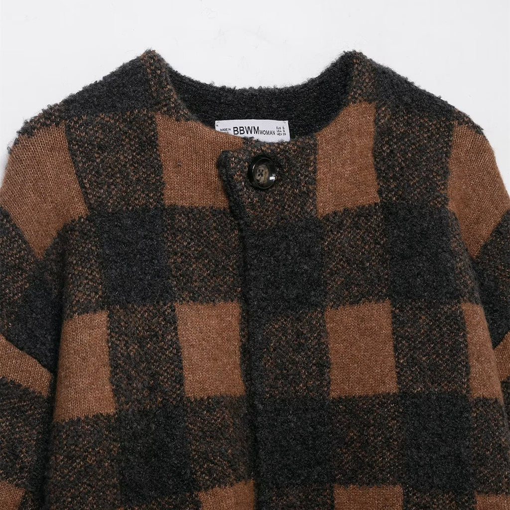Plaid knitted coat for women's clothing
