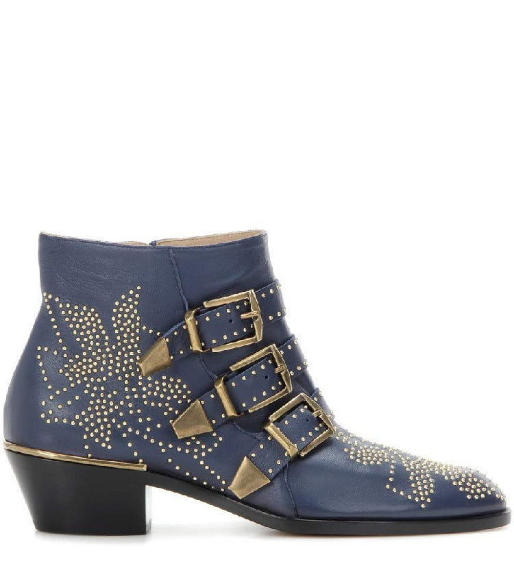 Studded Snake Skin Ankle Boots For Woman Buckle Strap Genuine Leather Chunky Heel Martin Boots Women Luxury