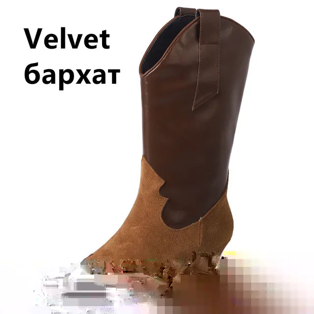 Mixed Colors Women Mid-Calf Boots Splicing Genuine Leather Western Short Boots Autumn Winter Casual Shoes Woman