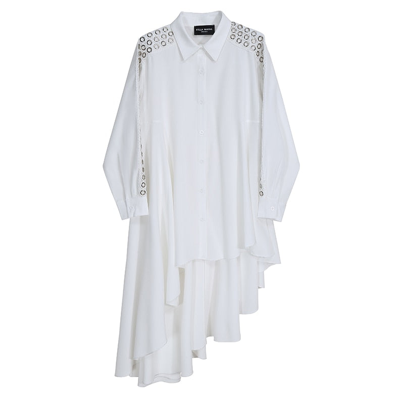Woman Streetwear Solid Black White Blouse Sloping Hem Long Sleeve & Metal Holes Ladies Unique Style chemise
