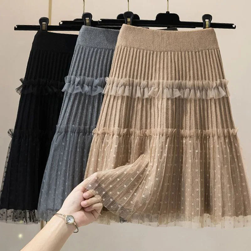 Women Tulle Patchwork Puffy Skirt Korean Style High Waist Knitted Dot Pleated Skirt Woman Spring Simple All-Match Short Skirts