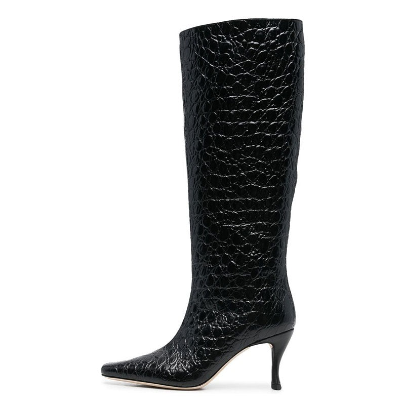 pop design autumn winter motorcycle boots shoes women print leather knee high boots sexy high heels platform riding boots woman