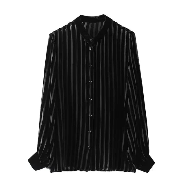 Women Black Oversize Shirt  Striped Velvet Shirts Woman Long Sleeve Shirts and Blouses Female Semi Sheer Women's Shirts