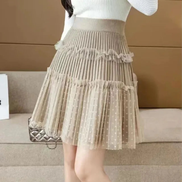 Women Tulle Patchwork Puffy Skirt Korean Style High Waist Knitted Dot Pleated Skirt Woman Spring Simple All-Match Short Skirts