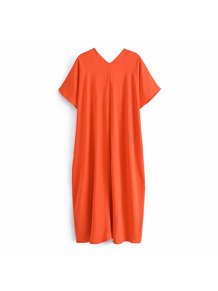 TRAF Summer Woman Dresses Orange Satin Long Dress Women  Short Sleeve Oversize Midi Tunic Dress Ruched Casual Dresses