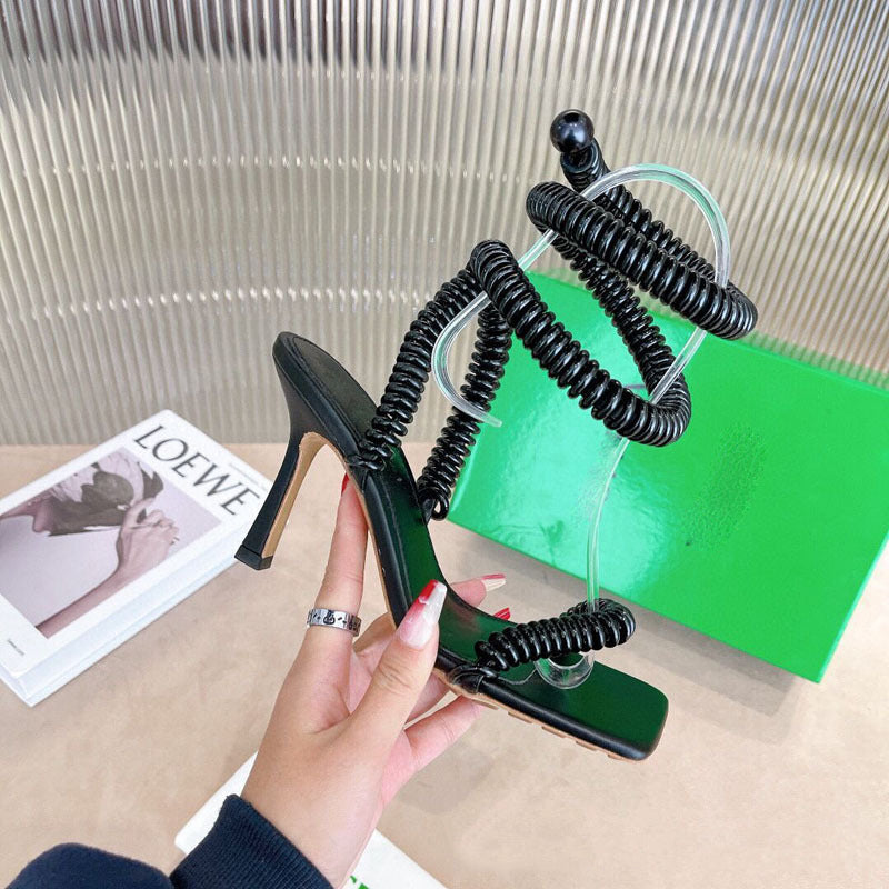 Green Phone cord Design High Heel Sandals Woman Square Open toe Stretch Ankle Winding Sexy paryt Shoes