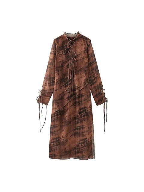 Vintange Print Boho Long Dresses for Women Translucent Sexy Midi Dress Woman Long Sleeve Casual Female Party Dress