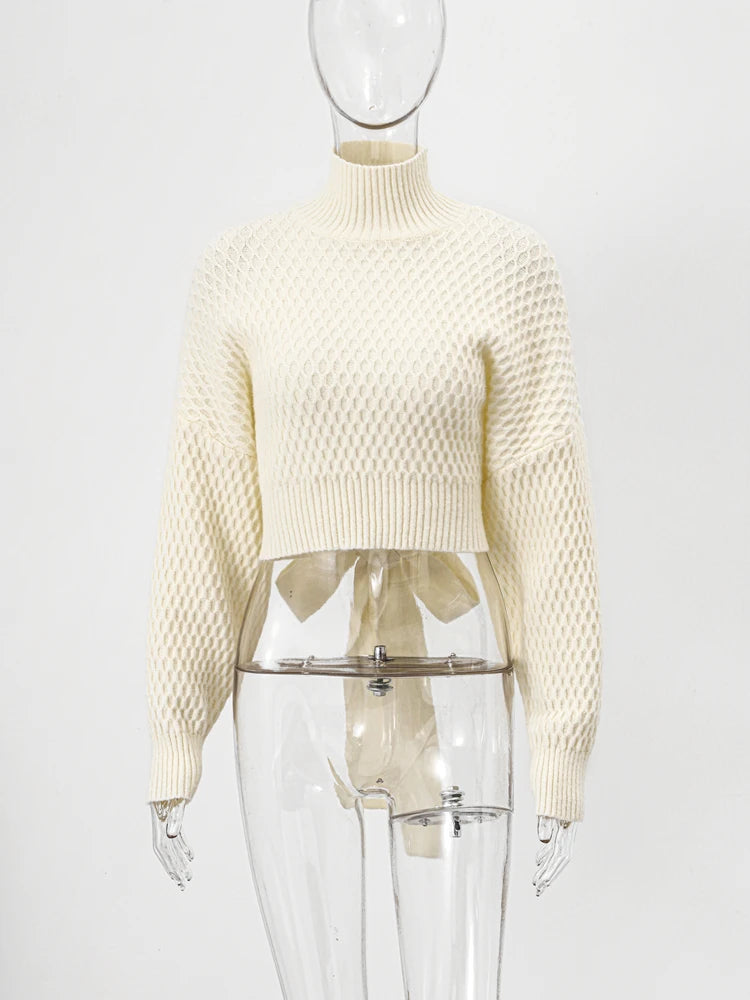 Sexy Backless Lace Up Knitted Sweater Woman Solid Turtleneck Long Sleeve Jumper Pullover  Spring Female Elegant Street Tops