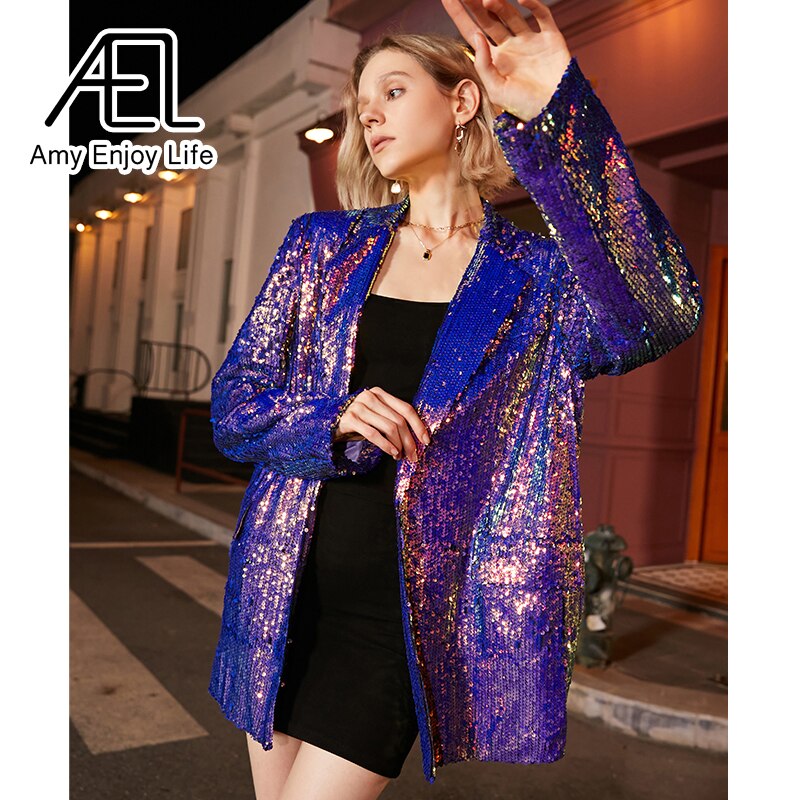 AEL Blue Glitter Gradient Blazer Woman Jacket Coat Fashion Loose Casual Spring Ladies Streetwear New