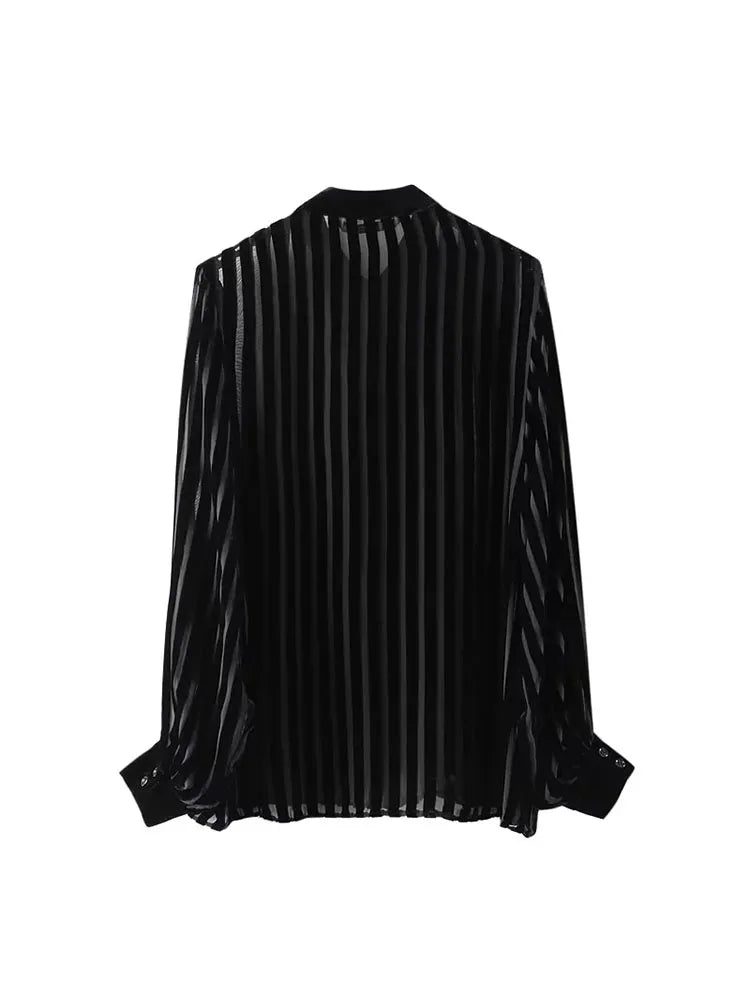 Women Black Oversize Shirt  Striped Velvet Shirts Woman Long Sleeve Shirts and Blouses Female Semi Sheer Women's Shirts