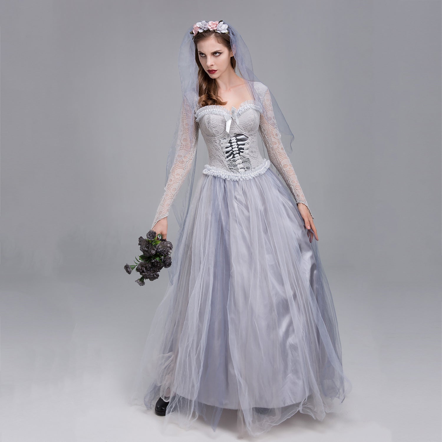 Halloween Costume Ghost Bride Dress Skull Horror Queen Costume Gray Ghost Woman Dress