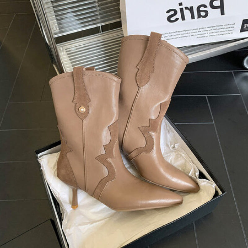 Splicing Genuine Leather Women Mid-Calf Boots Autumn Winter Thin High Heels Pointed Toe Party Office Lady Shoes Woman