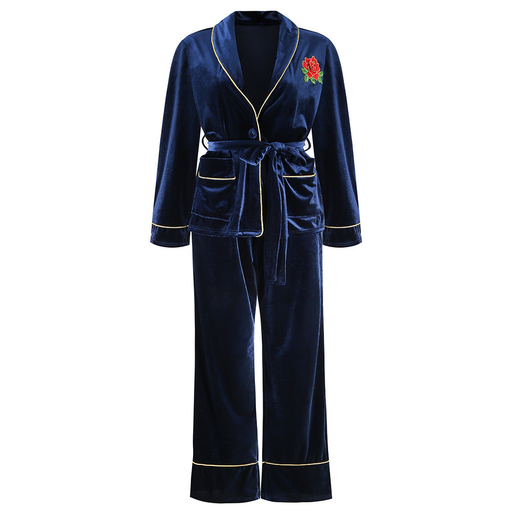 Korean Velvet Rose Embroidered Gold Pocket Home Suit Blouse Trousers Pajamas Woman