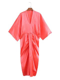 Women Summer Dress Fashion Satin Midi Dress Woman Bat Sleeve Ruched Female Party Dresses Vestidos Mujer