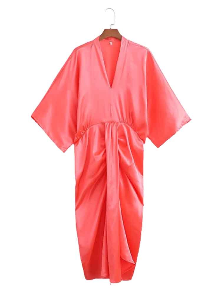 Women Summer Dress Fashion Satin Midi Dress Woman Bat Sleeve Ruched Female Party Dresses Vestidos Mujer