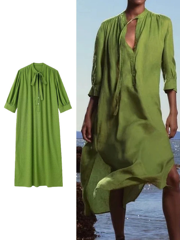 Cotton Hemp Long Dress Woman Soild Loose Summer Dresses With Bow For Women Casual Elegant Dresses