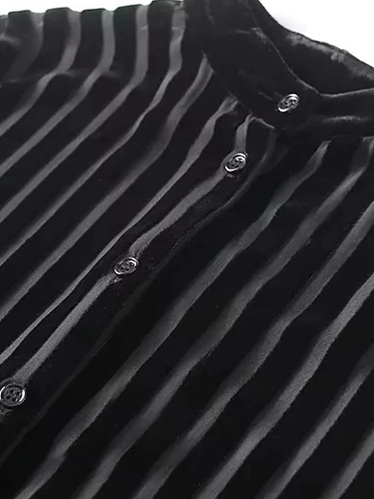 Women Black Oversize Shirt  Striped Velvet Shirts Woman Long Sleeve Shirts and Blouses Female Semi Sheer Women's Shirts