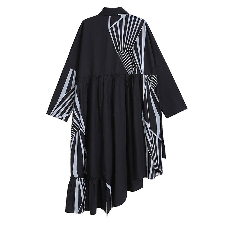 Spring New Plus Size Loose Turn Down Collar Full Abstract Print Irregular A Line Woman Dress