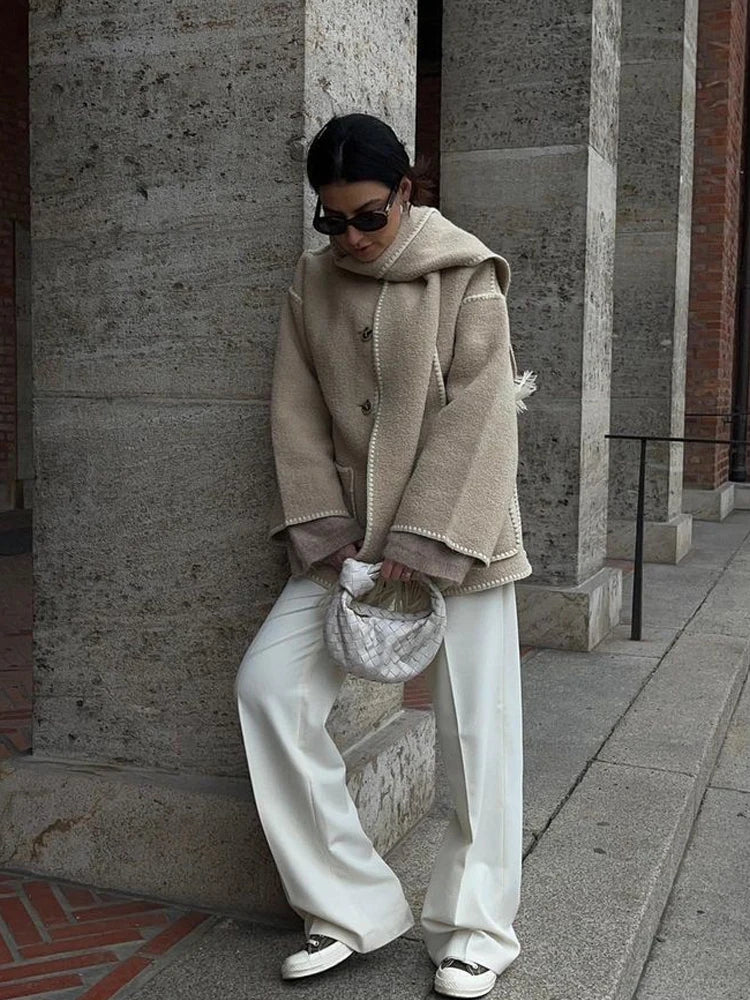Tassel Scarf Collar Jacket For Woman Autumn Woolen Embroidery Single Breasted Pocket Coats Loose Casual Fashion Lady Office Coat