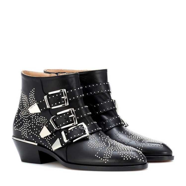 Studded Snake Skin Ankle Boots For Woman Buckle Strap Genuine Leather Chunky Heel Martin Boots Women Luxury