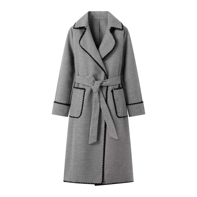 Woman Fashion Woolen Coat Casual Slim Turn Down Collar With Belt Double Pockets Trench