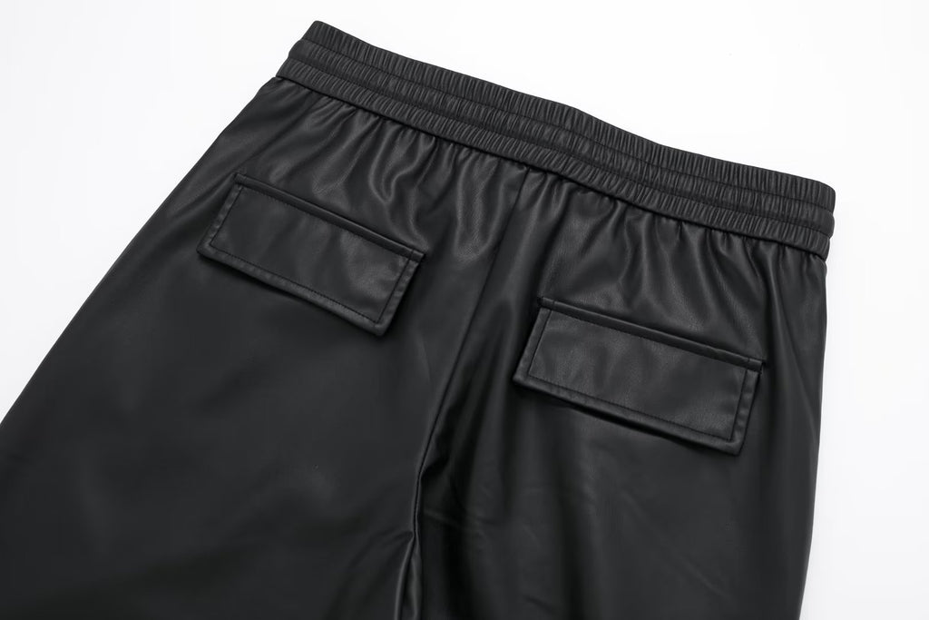 Autumn Fashion Women Elegant Side Pockets Drawstring Casual Joggings Long Pants Woman Black High Waist Faux Leather Pants