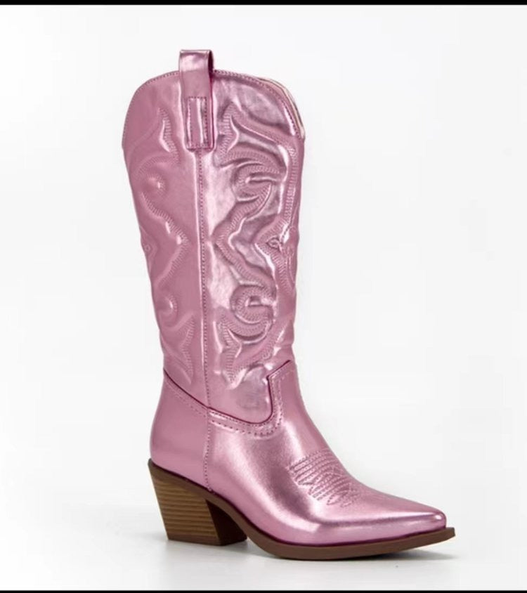 Metallic Cowboy boots woman Western Boots For Zip Embroidered Pointed Toe Heeled
