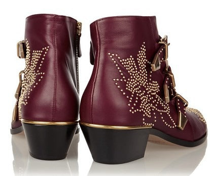 Studded Snake Skin Ankle Boots For Woman Buckle Strap Genuine Leather Chunky Heel Martin Boots Women Luxury