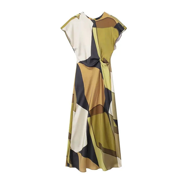 Woman Summer Fashion Long Dresses Print O-Neck Short Sleeve Back Hollow Out Button Female Vinatge Elegant Slim Dress