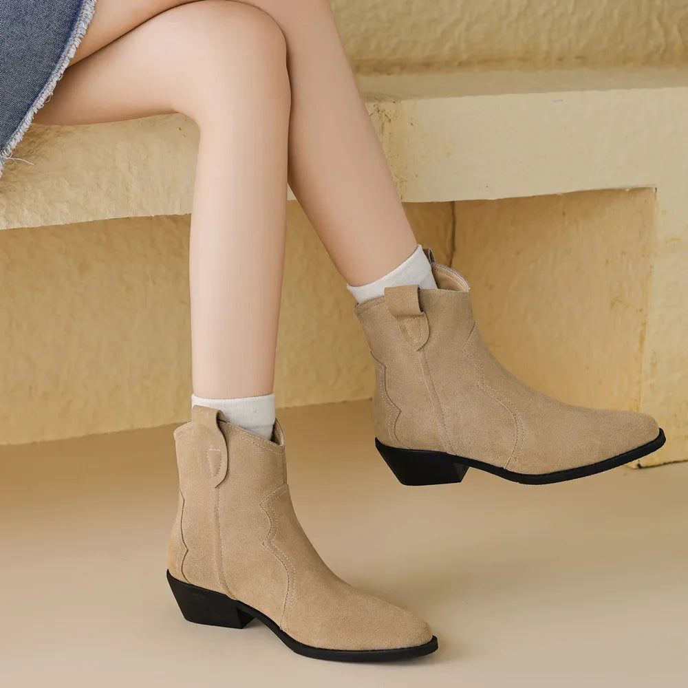Vintage Thick Heels Women Ankle Boots Cow Suede Leather Retro Style Casual Office Lady Shoes Woman Autumn Winter Basic