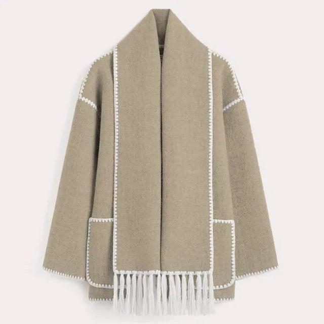 Tassel Scarf Collar Jacket For Woman Autumn Woolen Embroidery Single Breasted Pocket Coats Loose Casual Fashion Lady Office Coat