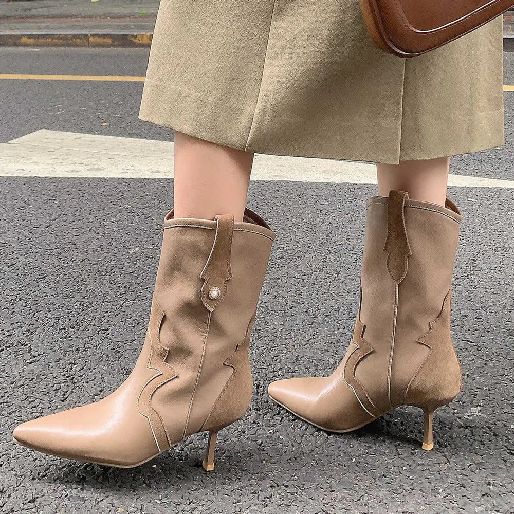 Splicing Genuine Leather Women Mid-Calf Boots Autumn Winter Thin High Heels Pointed Toe Party Office Lady Shoes Woman