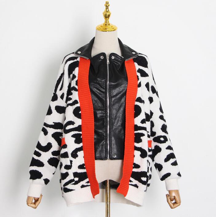Autumn and Winter Spell PU Leather Lapel Leopard Print Sweater Coat Female Loose Zipper Woman Sweaters
