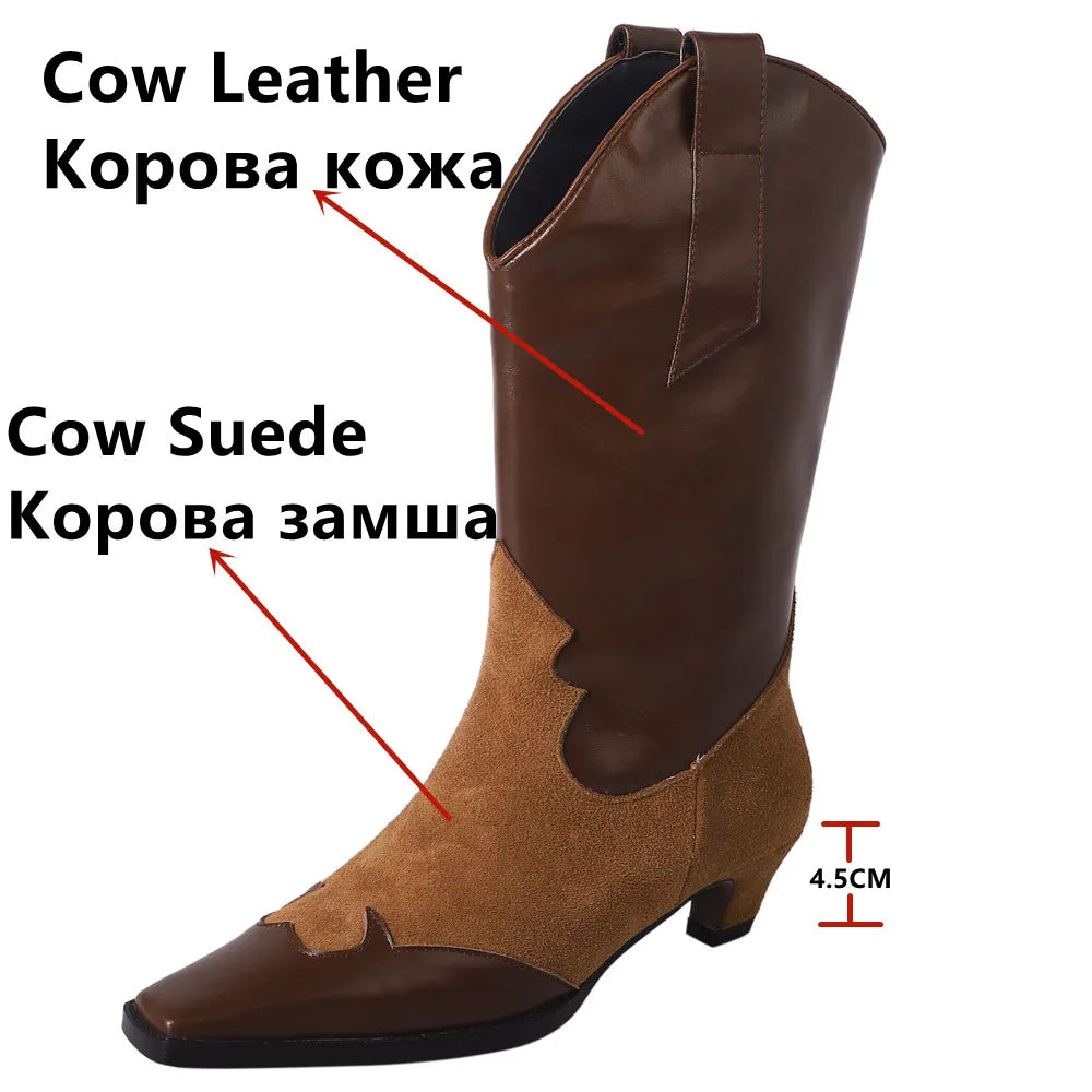 Mixed Colors Women Mid-Calf Boots Splicing Genuine Leather Western Short Boots Autumn Winter Casual Shoes Woman
