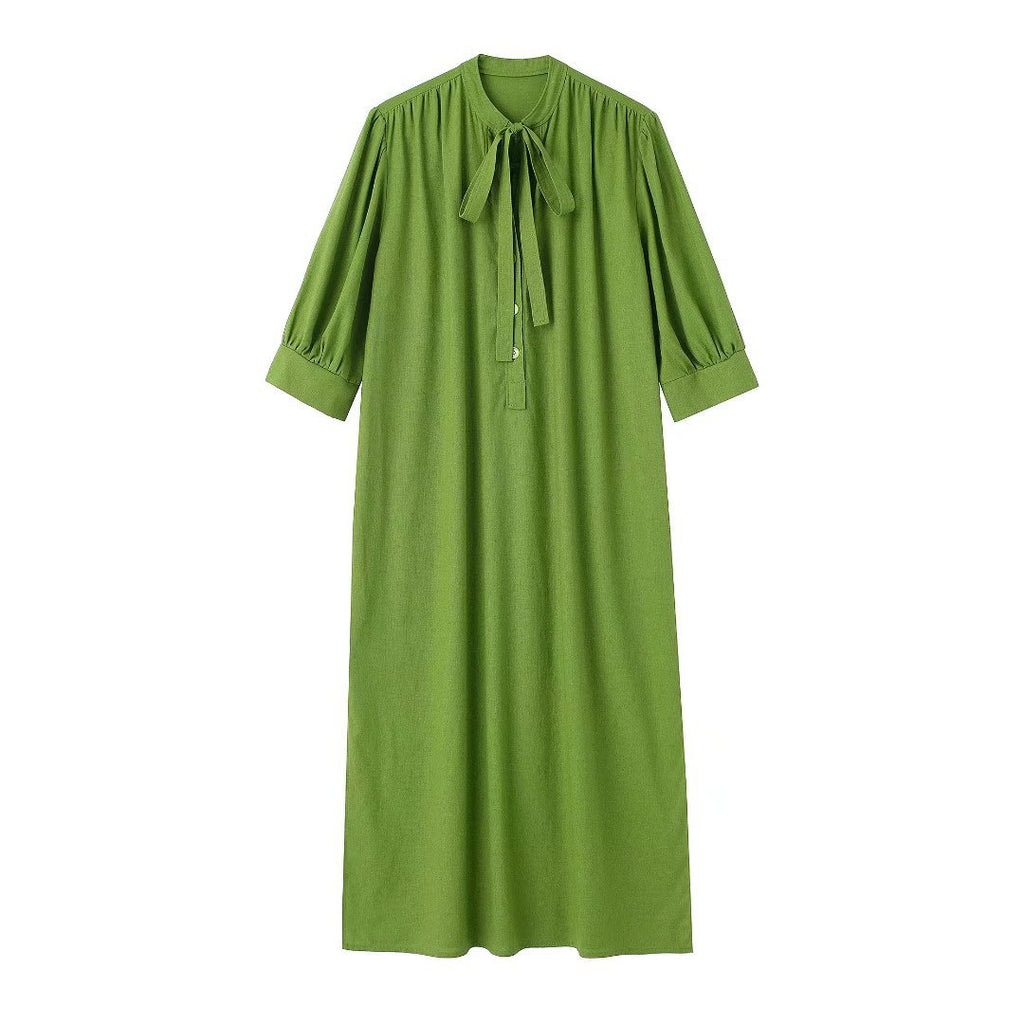 Cotton Hemp Long Dress Woman Soild Loose Summer Dresses With Bow For Women Casual Elegant Dresses