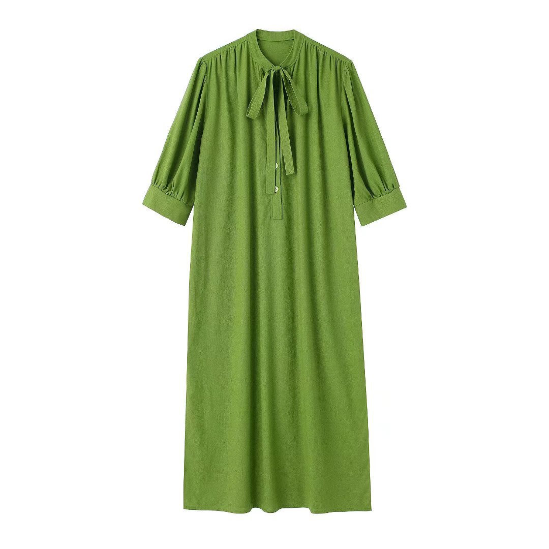 Cotton Hemp Long Dress Woman Soild Loose Summer Dresses With Bow For Women Casual Elegant Dresses
