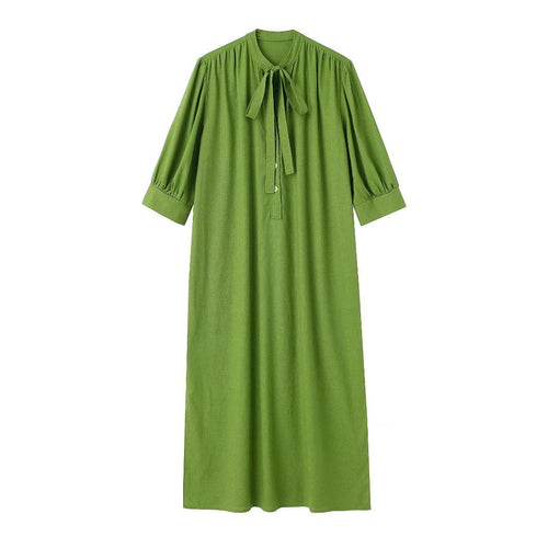 Cotton Hemp Long Dress Woman Soild Loose Summer Dresses With Bow For Women Casual Elegant Dresses
