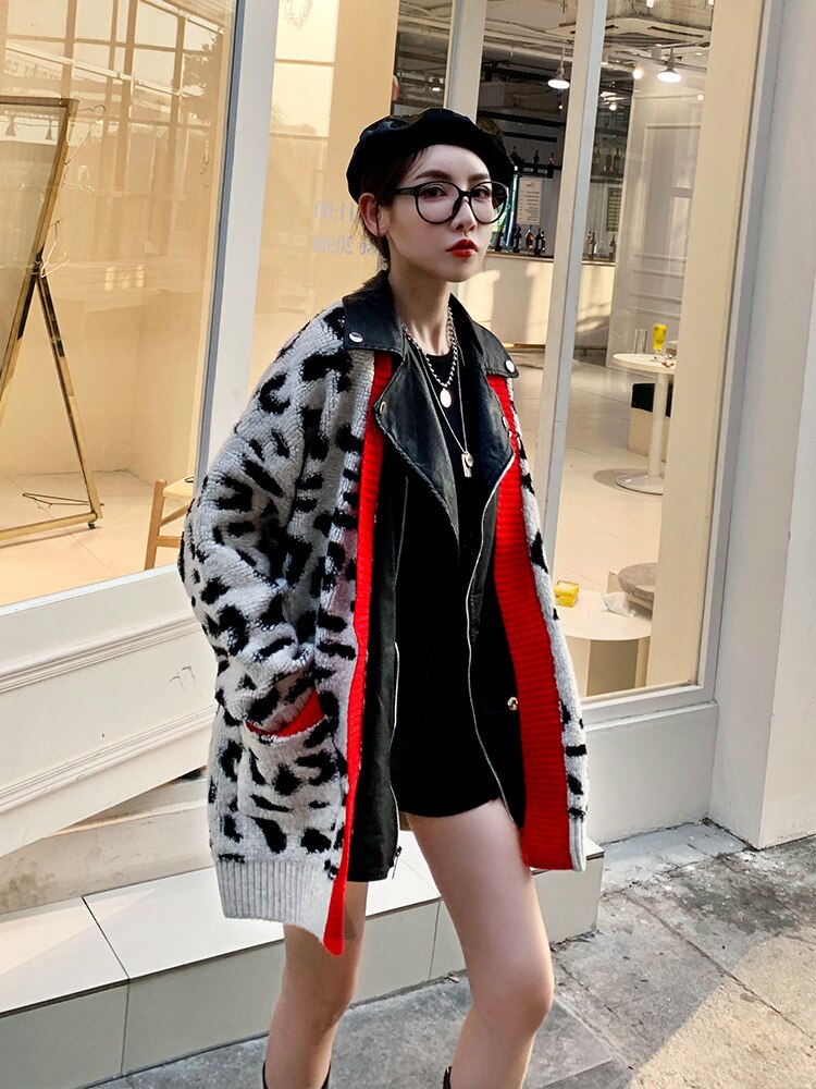 Autumn and Winter Spell PU Leather Lapel Leopard Print Sweater Coat Female Loose Zipper Woman Sweaters